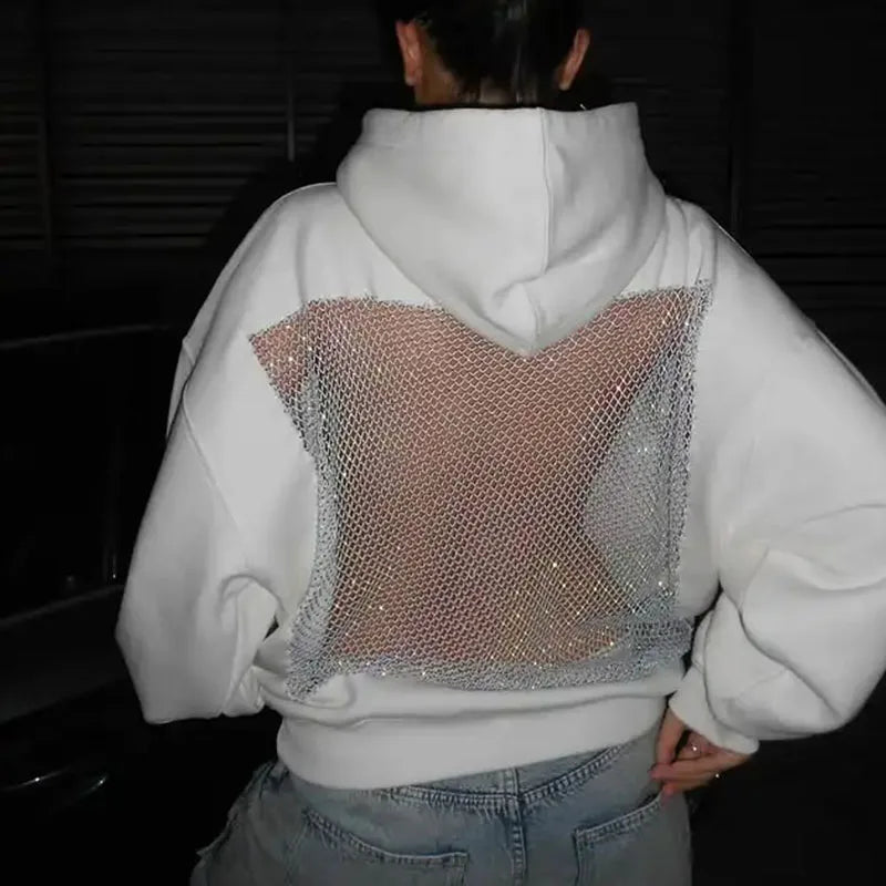 Gothic Sexy Hollow Mesh Hoodie Y2K Clothes Womens Fashion Translucent Pullover Sweatshirt Casual Long Sleeves Female Jacket Top