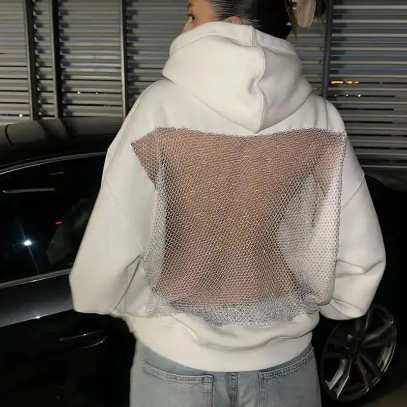 Gothic Sexy Hollow Mesh Hoodie Y2K Clothes Womens Fashion Translucent Pullover Sweatshirt Casual Long Sleeves Female Jacket Top