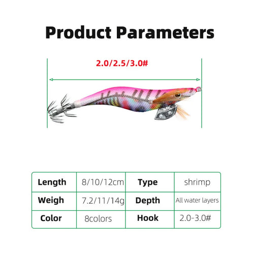 Full Body Luminous Wooden Shrimp Colorful Imitation Squid Shrimp Fake Bait2.0 2.5  3.0#Squid Cuttlefish Sea Fishing Umbrella Hoo