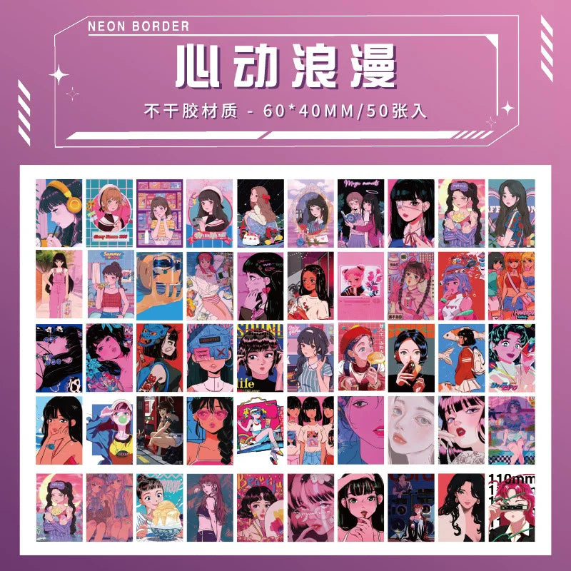 50sheets Retro Kawaii Japanese Girl Stickers for DIY Scrapbook Mobile Phone Case Tablet Stationery Decorative Paper