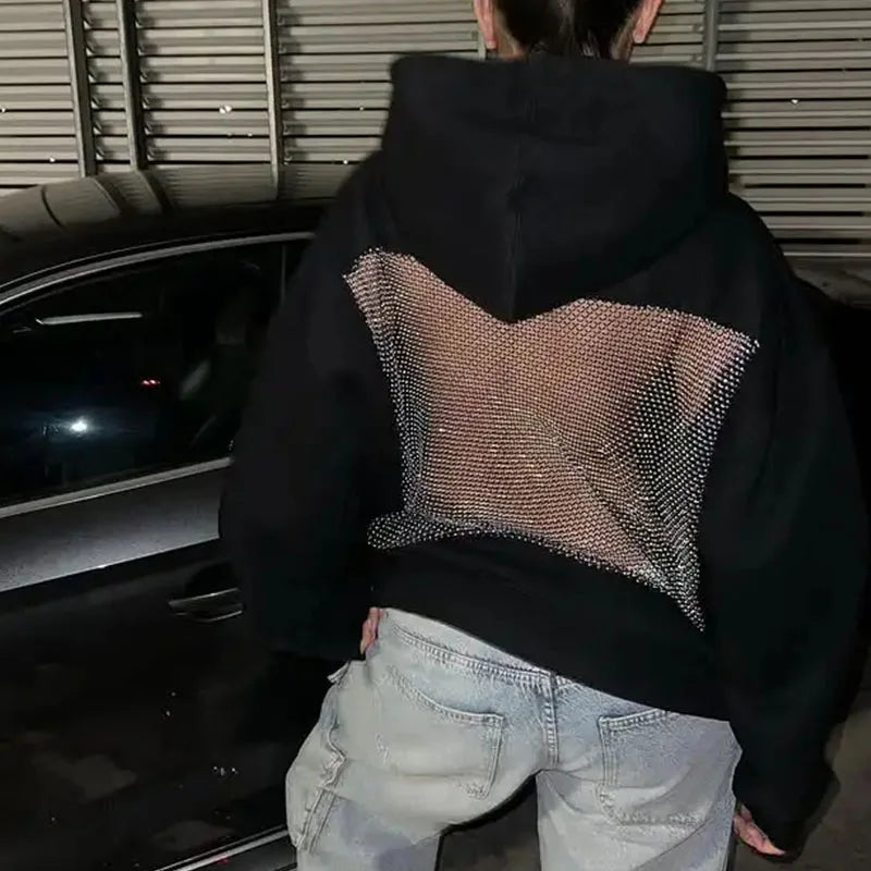 Gothic Sexy Hollow Mesh Hoodie Y2K Clothes Womens Fashion Translucent Pullover Sweatshirt Casual Long Sleeves Female Jacket Top