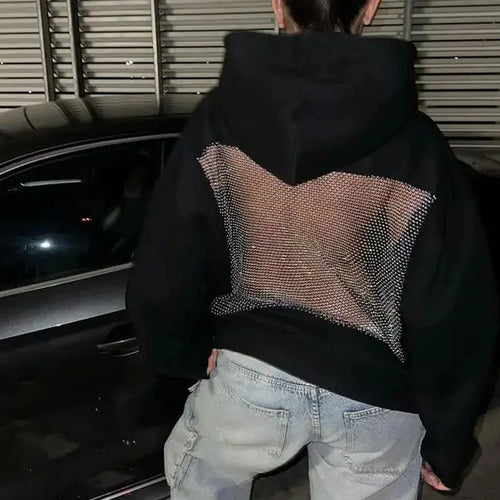 Gothic Sexy Hollow Mesh Hoodie Y2K Clothes Womens Fashion Translucent Pullover Sweatshirt Casual Long Sleeves Female Jacket Top