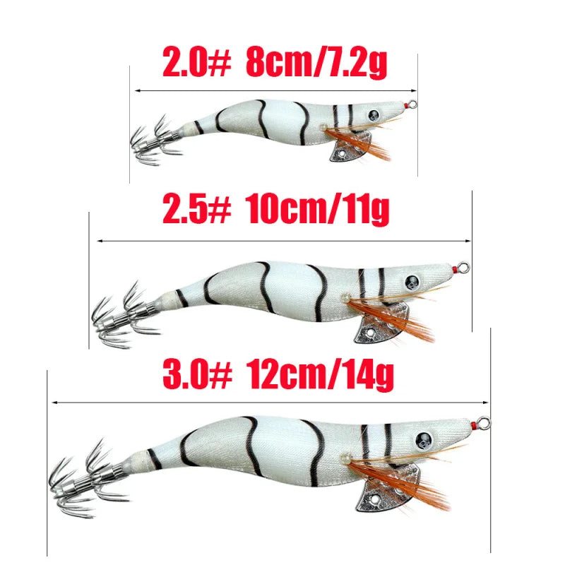 Full Body Luminous Wooden Shrimp Colorful Imitation Squid Shrimp Fake Bait2.0 2.5  3.0#Squid Cuttlefish Sea Fishing Umbrella Hoo